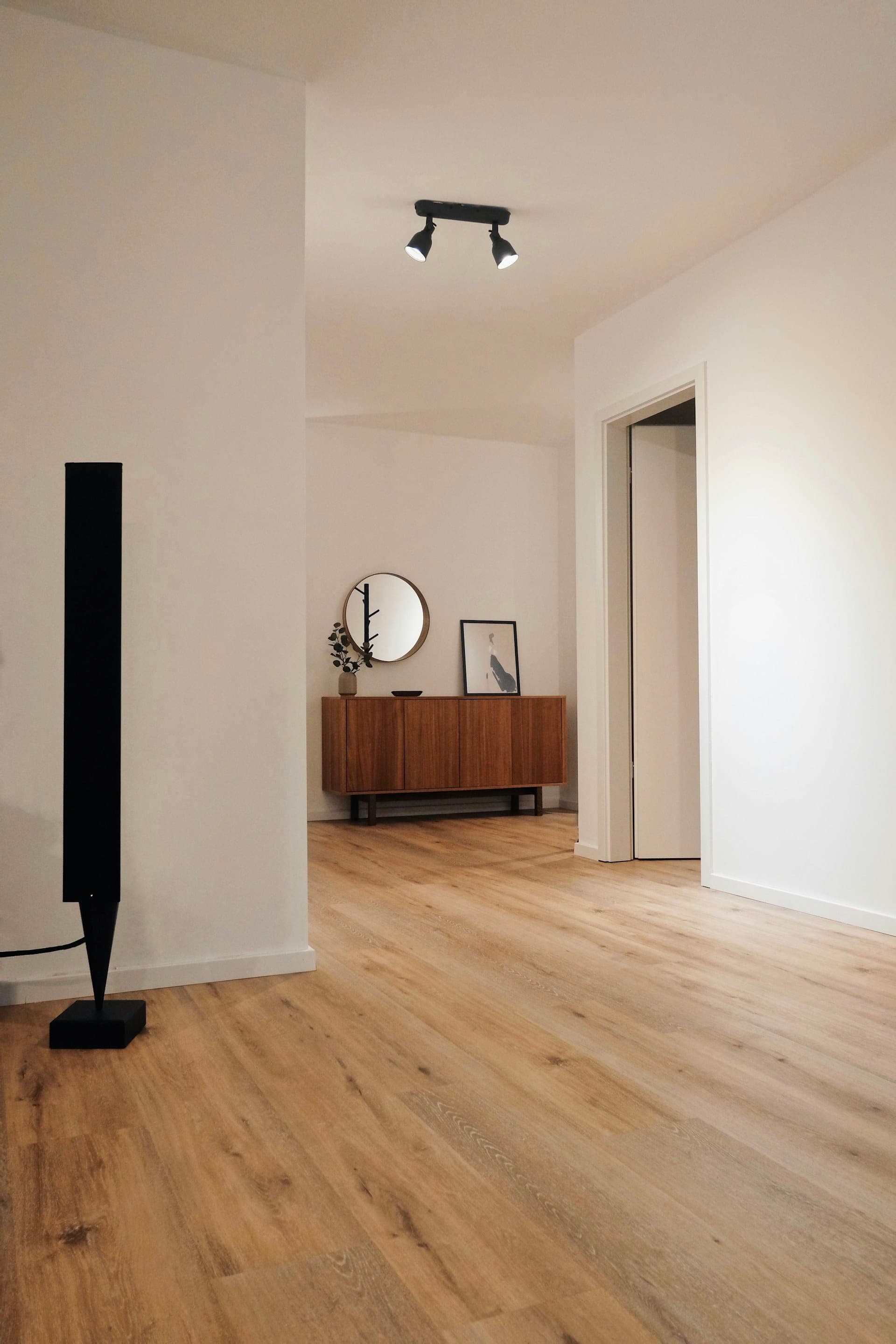 Entry hallway with light wood-look plank flooring running through to the next room